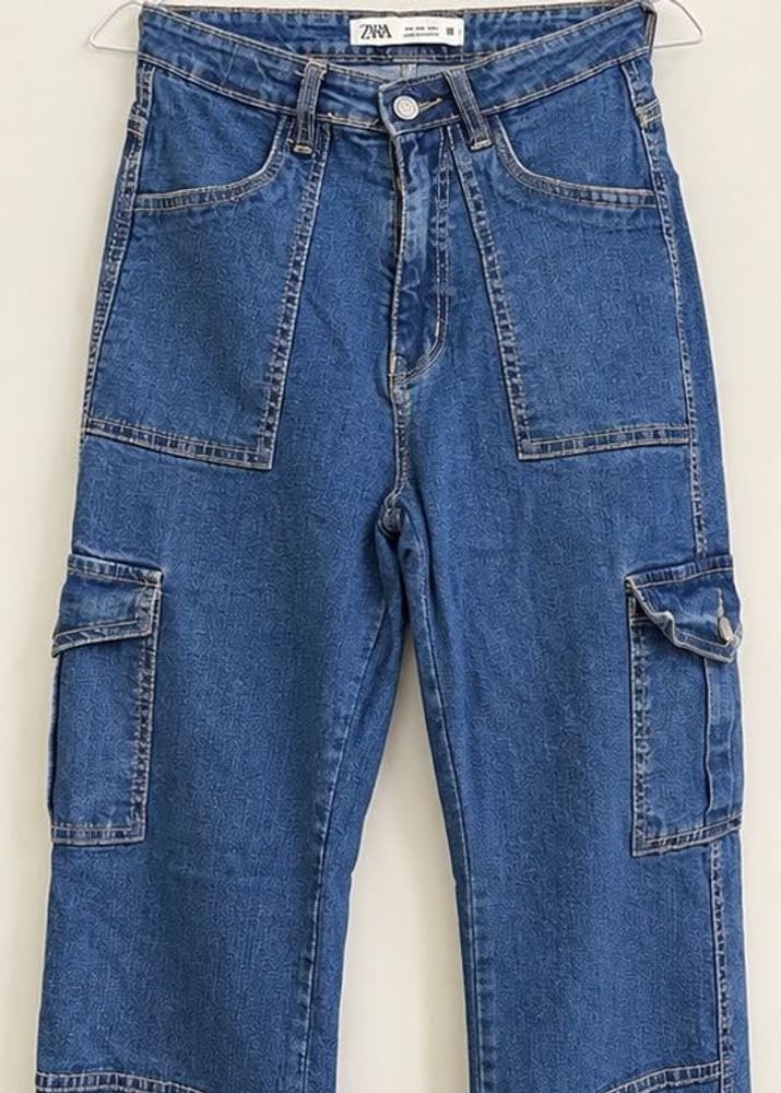 Zara Blue Denim Cargo Jeans