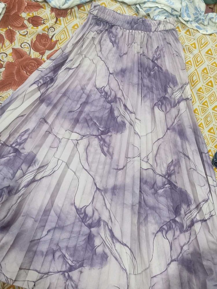 Purple Marble Print Pleated Midi Skirt