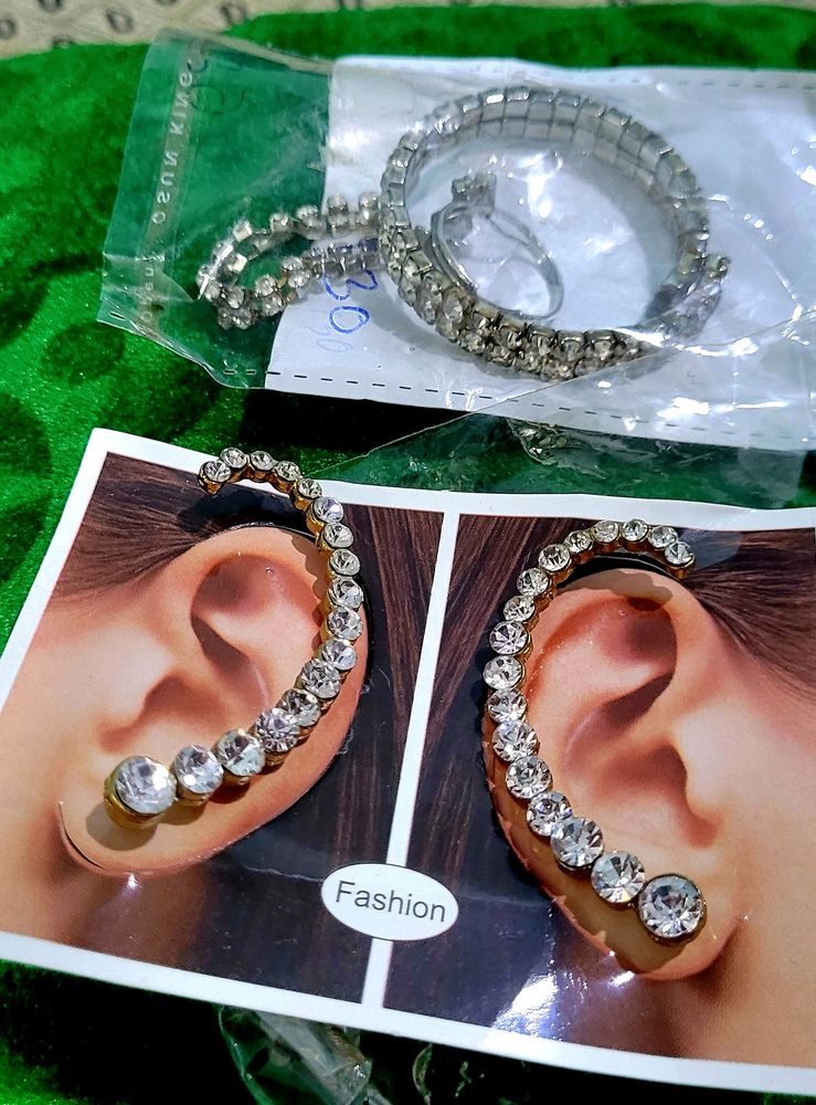 Combo White Diamond Earcuff 1 &amp; WHITE STONE STUDDED RING BRACLET FOR ONE HAND 1