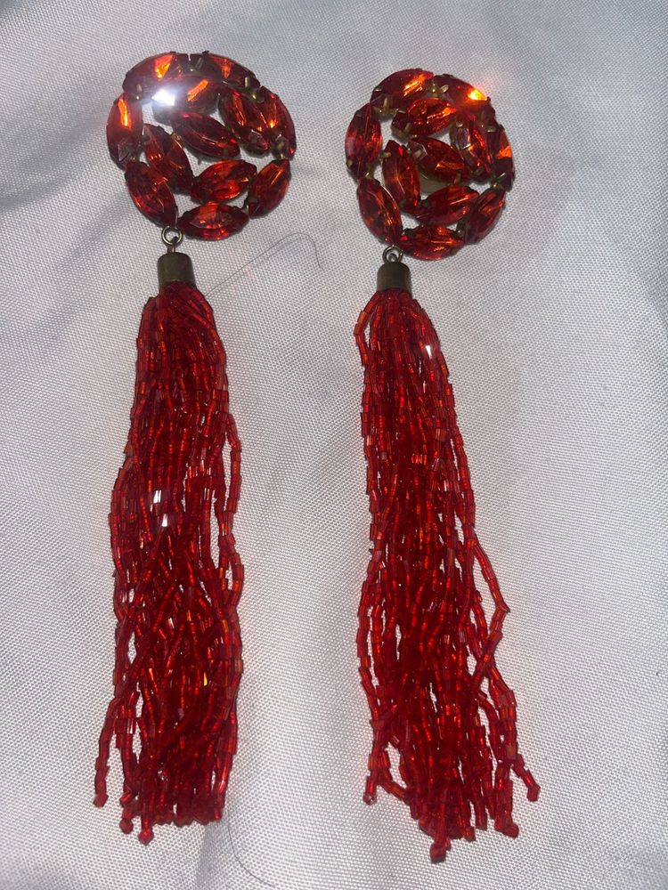 Red Beaded Tassel Earrings