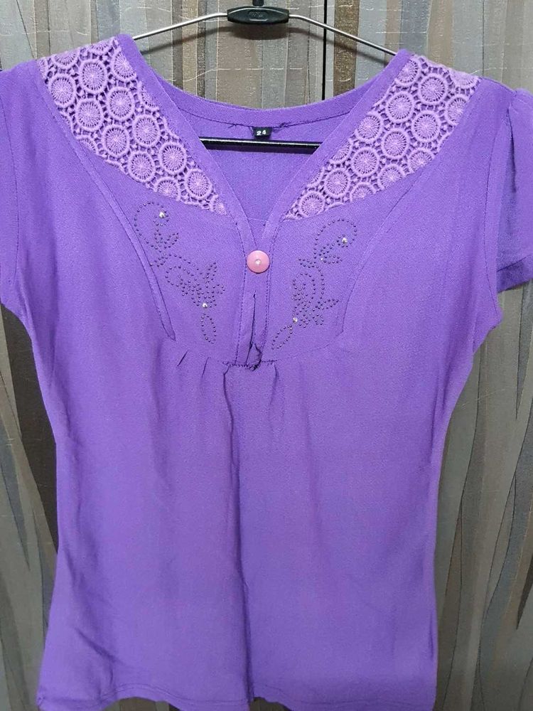 Purple Embellished V-Neck Top