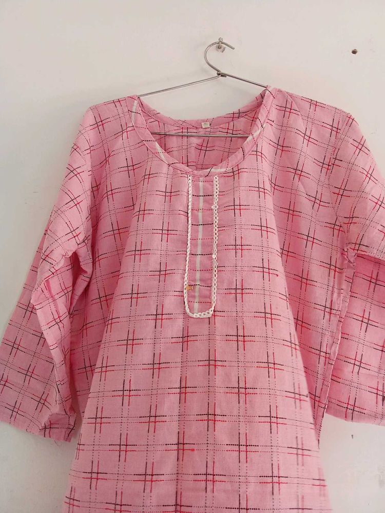pink plaid kurta set .