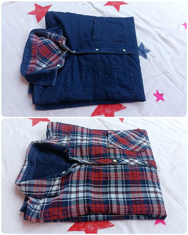 Men's 2 sided shirt one is checked,other side plan