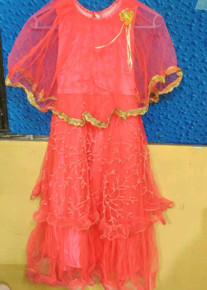 Kids Beautiful Coral Net Gown with Gold Trim