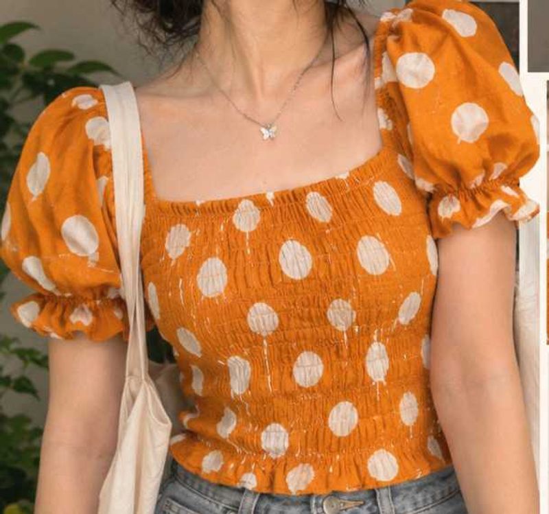 Orange Polka Dot Smocked Top