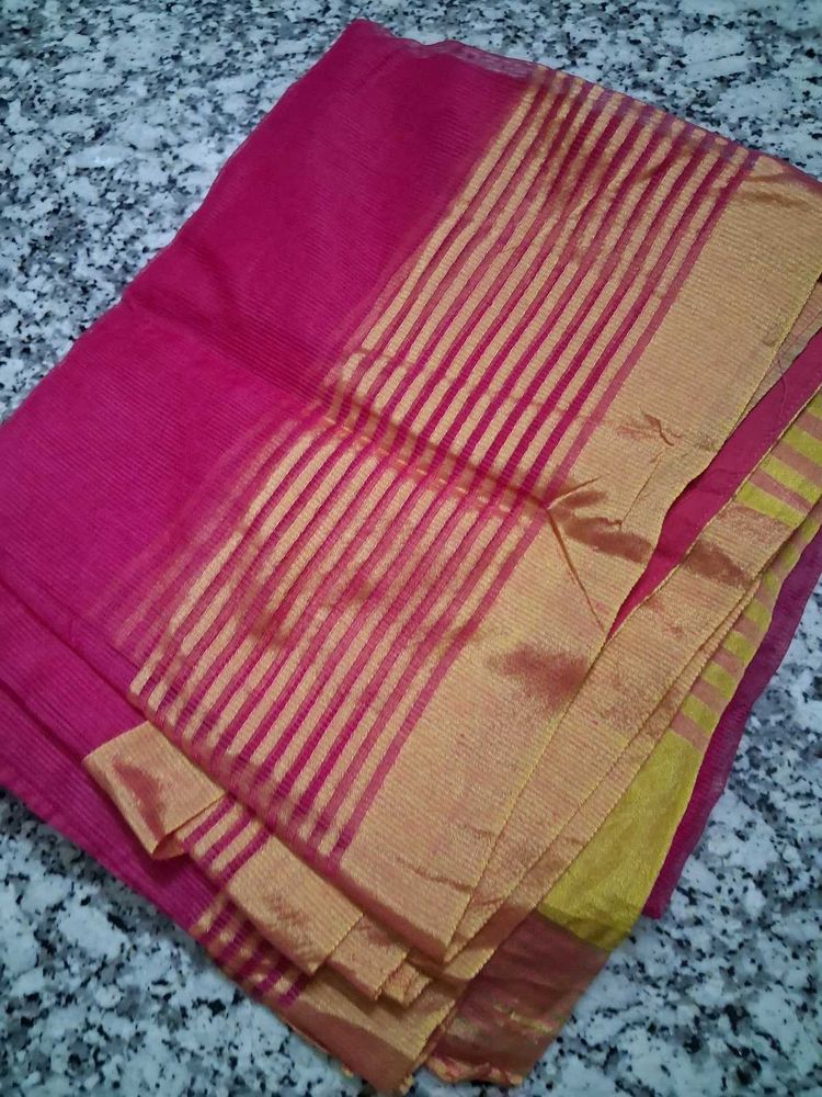 Elegant Pink Saree with Gold Border
