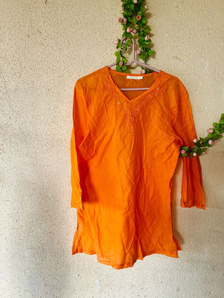 Vibrant Orange Embroidered Kurta