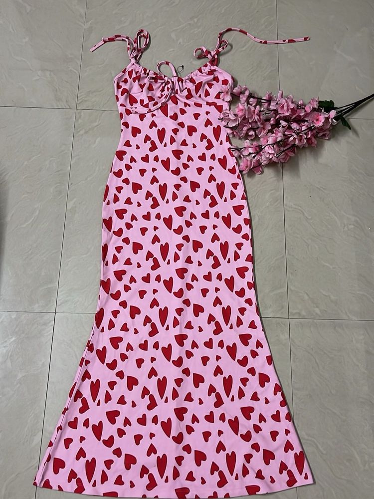 Pink Heart Print Maxi Dress