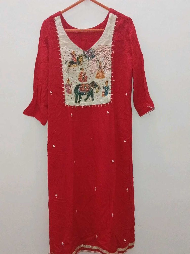 Vibrant Red Embroidered Kurti