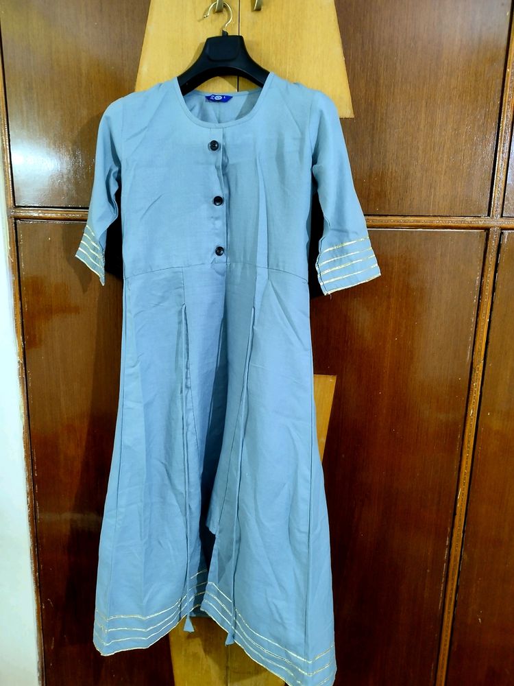 Blue A-Line Kurti with Gold Accents