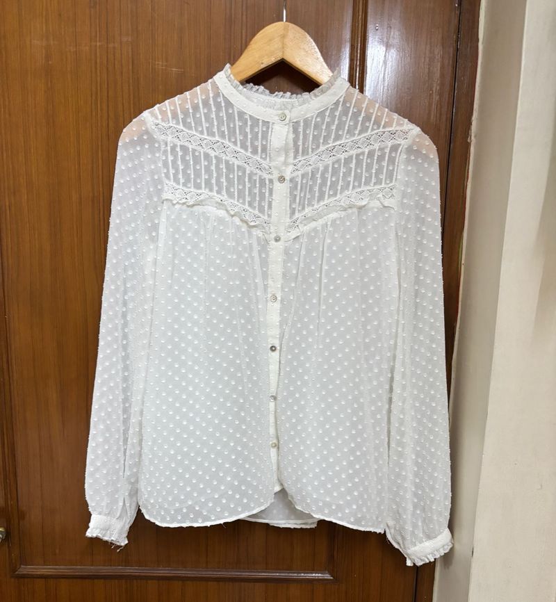 White Sheer Blouse with Lace Detail