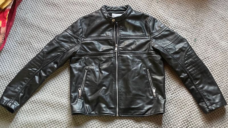 Black Faux Leather Biker Jacket 152CM