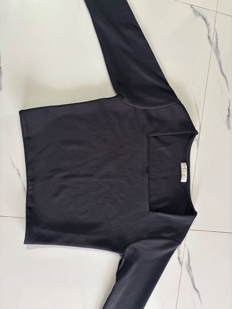 Black Ribbed Square Neck Long Sleeve Top