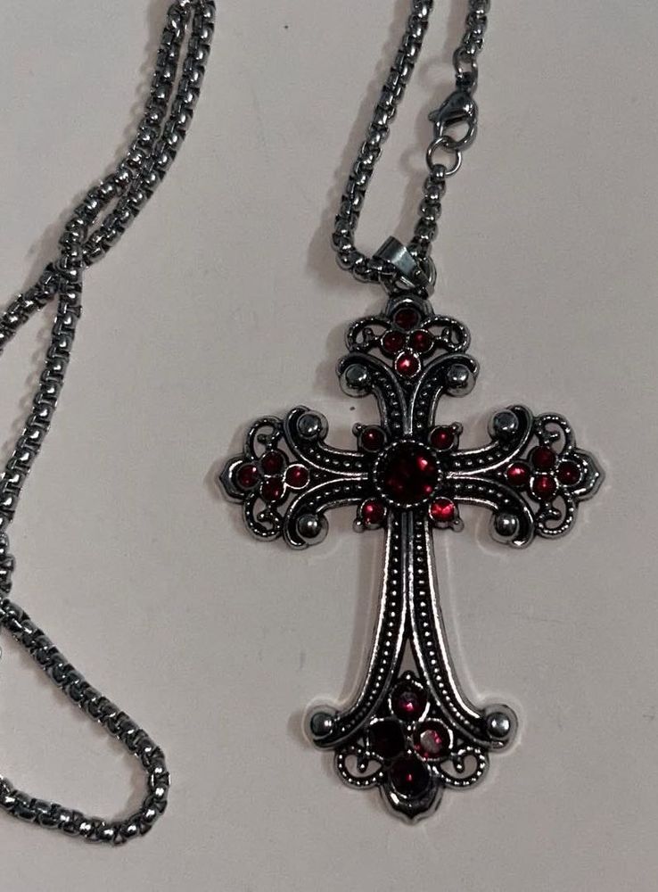 Gothic Cross Necklace with Red Gems