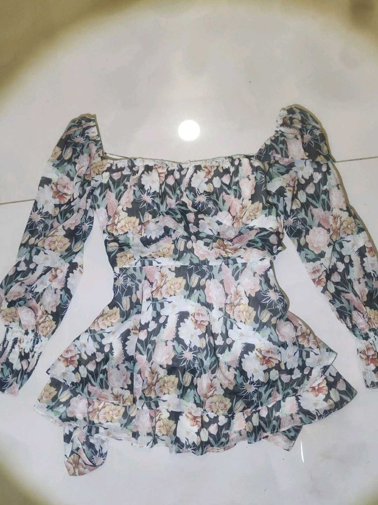 Floral Print Off-Shoulder Ruffled Dress