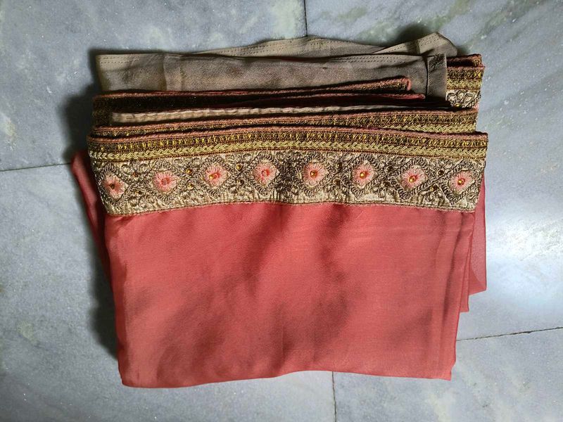 Coral &amp; Gold Embroidered Saree