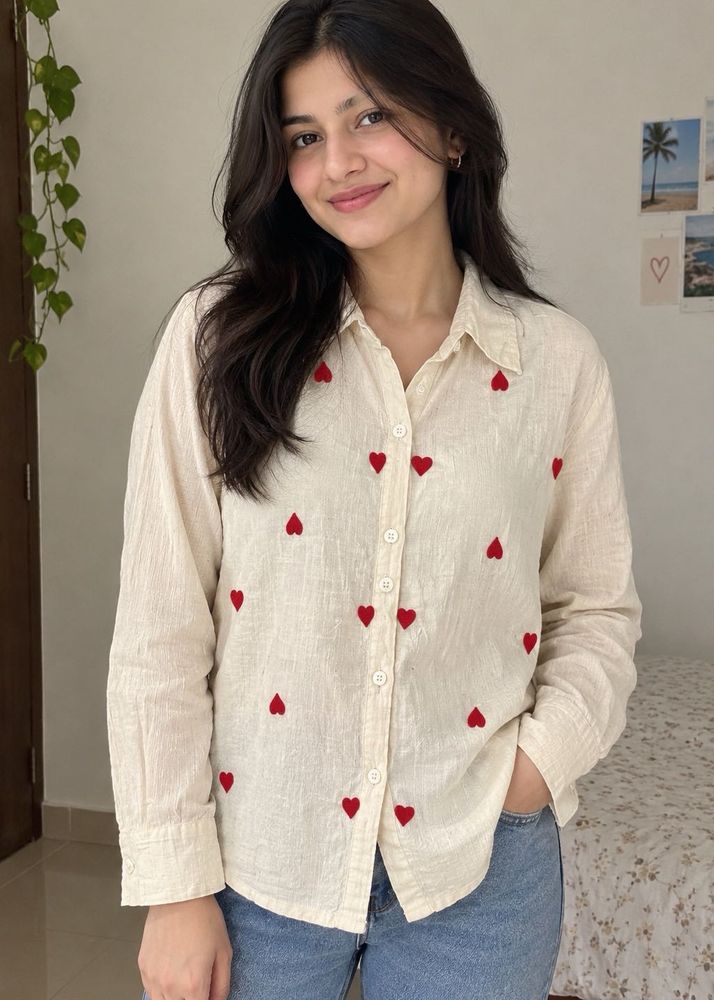 Cream Heart Print Pure Linen Shirt