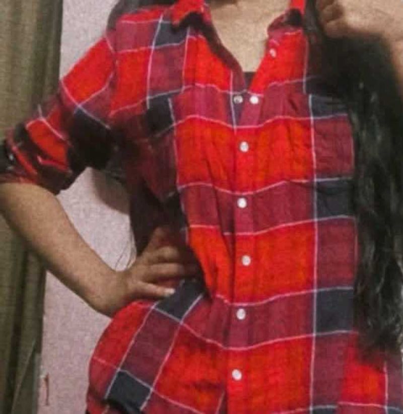 Red Plaid Button-Up Shirt