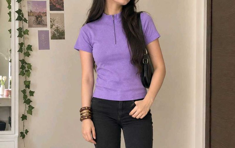 Purple Zip Neck Ribbed Crop Top