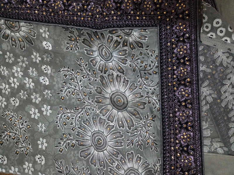 Elegant Grey Embroidered Saree