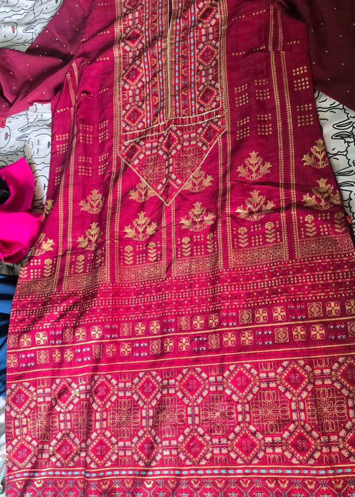 Vibrant Maroon Kurta with Gold Print