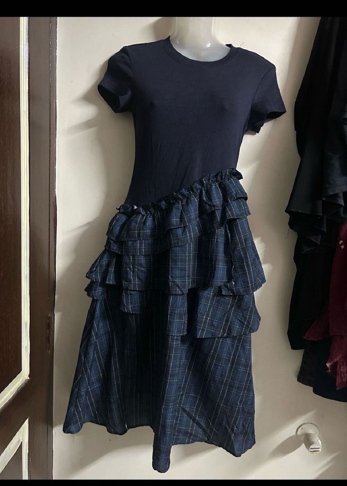 Navy Blue Ruffled Plaid Dress