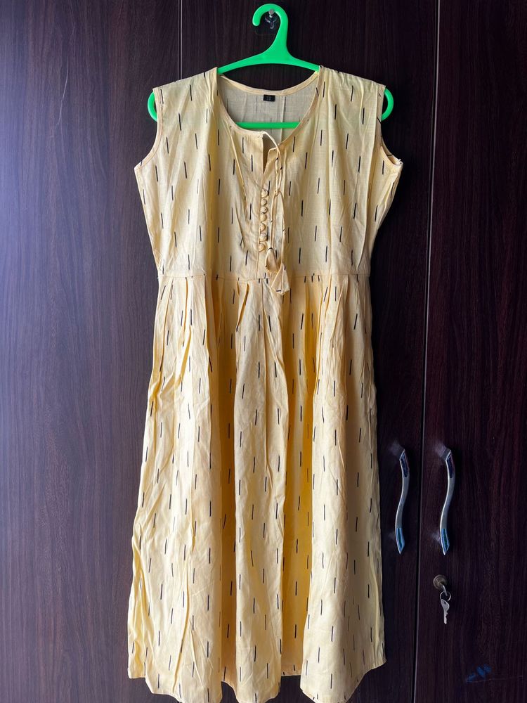Yellow Printed Sleeveless Kurta