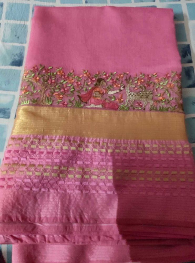 Beautiful Pink Embroidered Supernet Saree