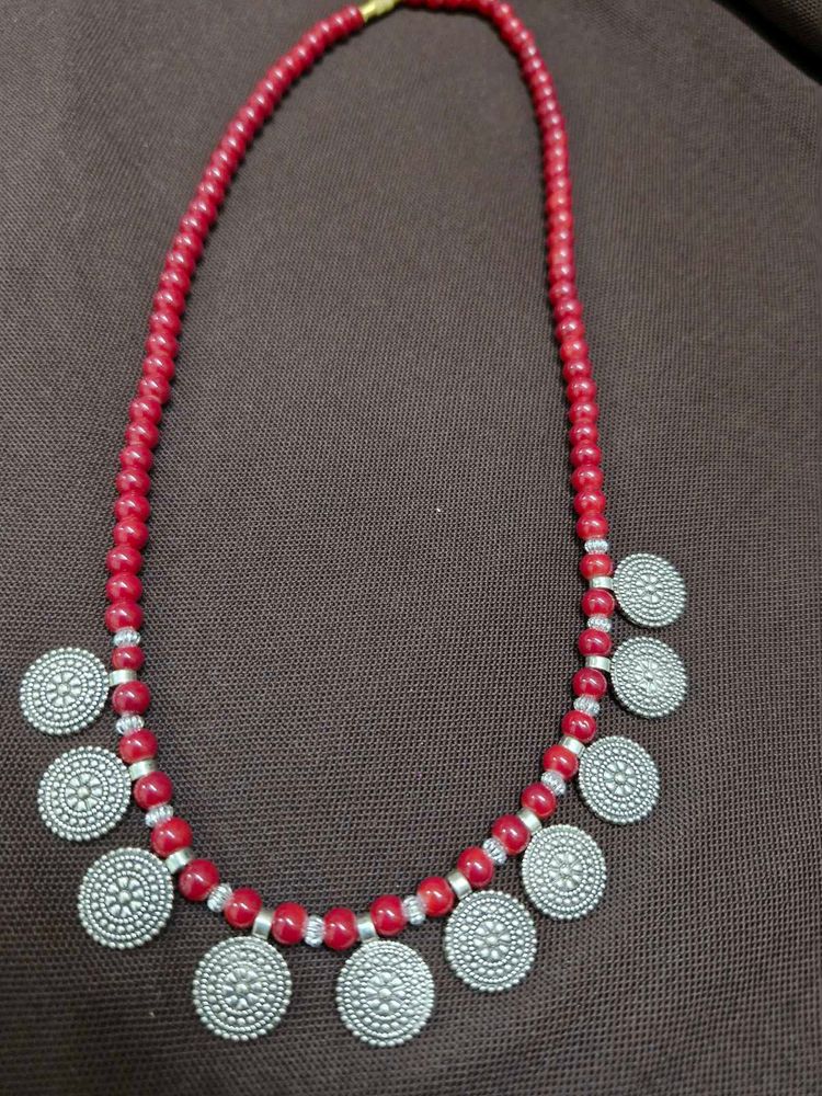 Boho Red Beaded Necklace with Coin Charms