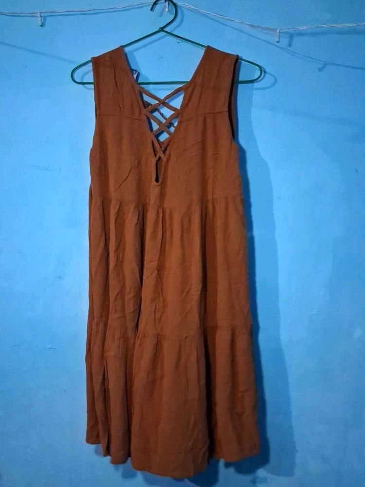 Brown Tiered Lace-Up Dress
