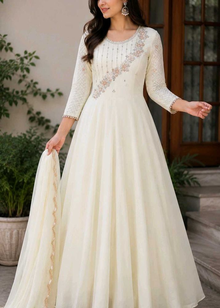 Elegant Cream Anarkali Gown with Embellishments
