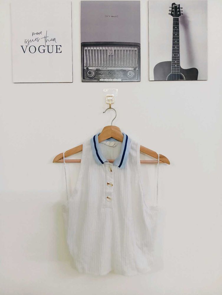 Chic Sleeveless White Polo Top