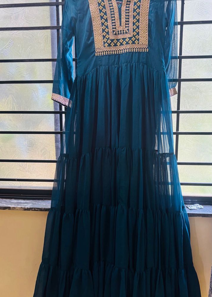 Teal Embellished Tiered Gown