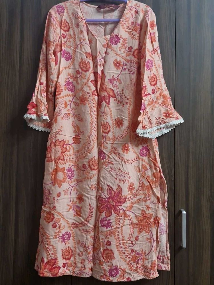 Floral Print Kurta with Lace Trim