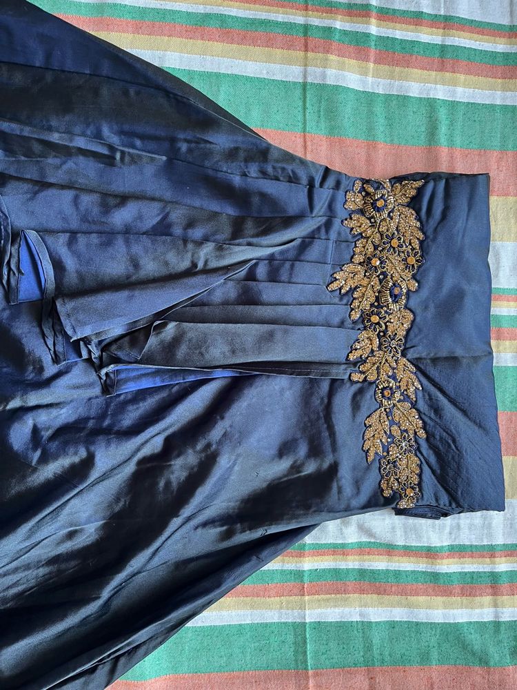 Elegant Blue Dress with Gold Embroidery