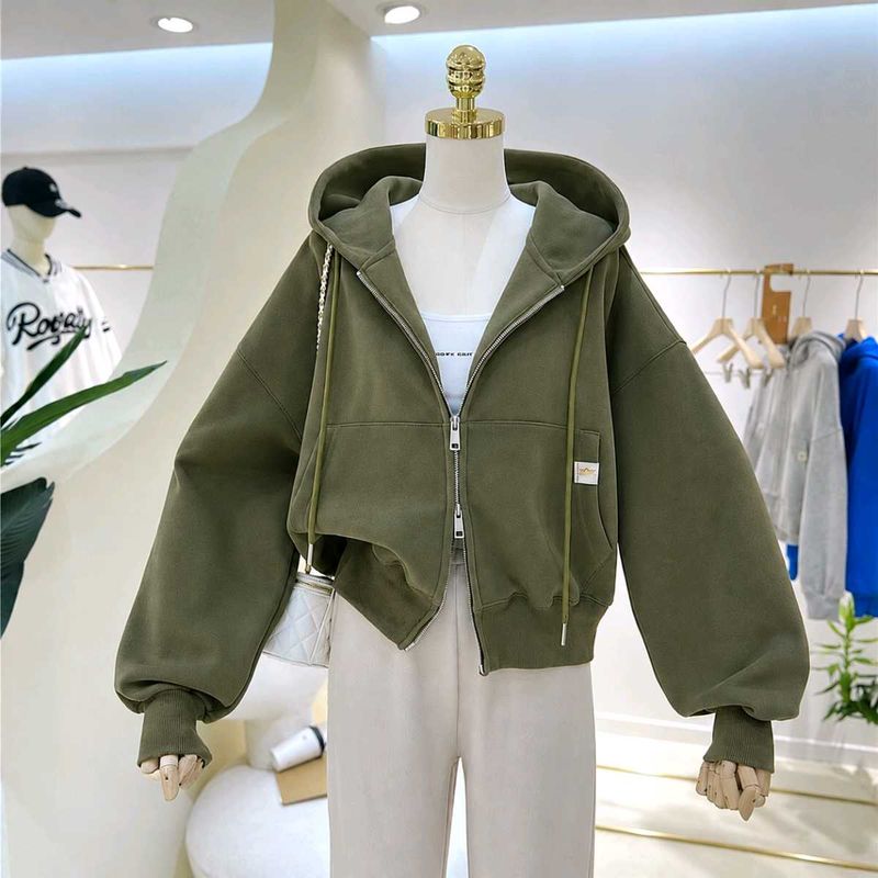 Green Zip-Up Crop Hoodie Jacket