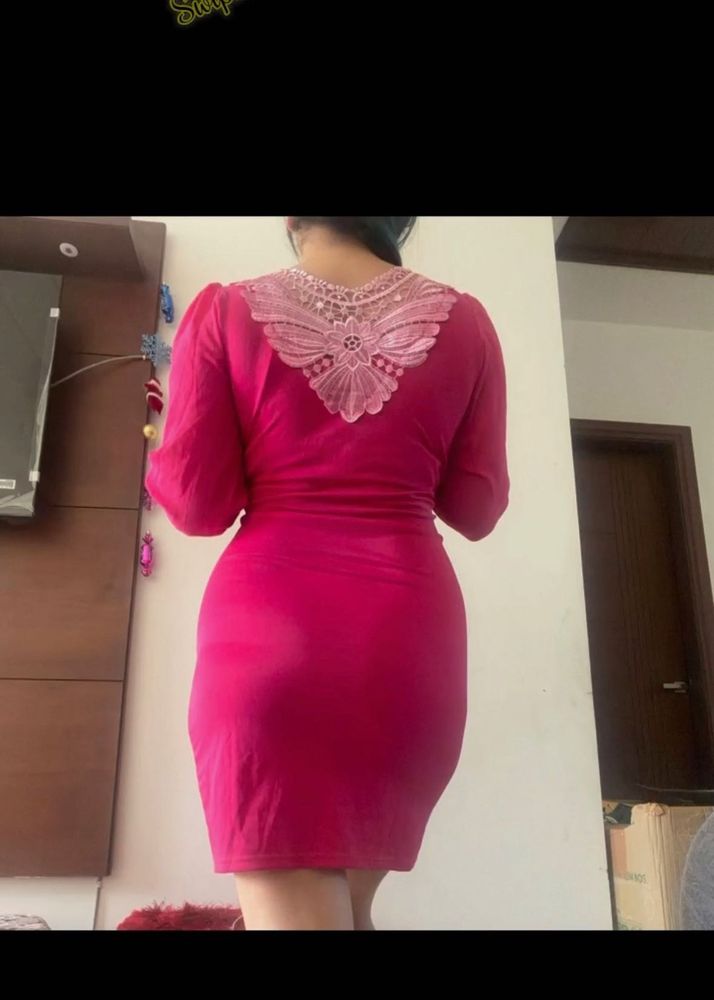 Stylish Pink Dress with Lace Neckline