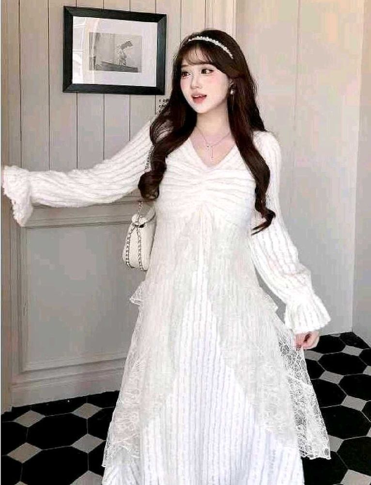korean fur White Lace Detail Long Dress