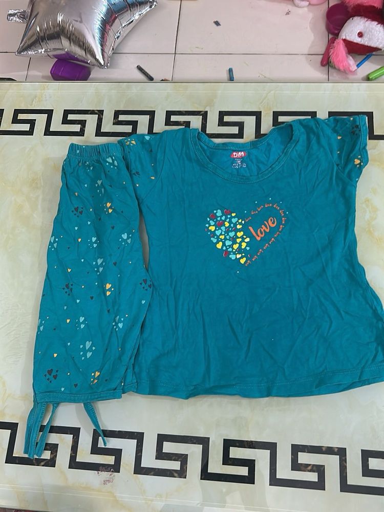 Cute Heart Print Teal Top &amp; Pants Set