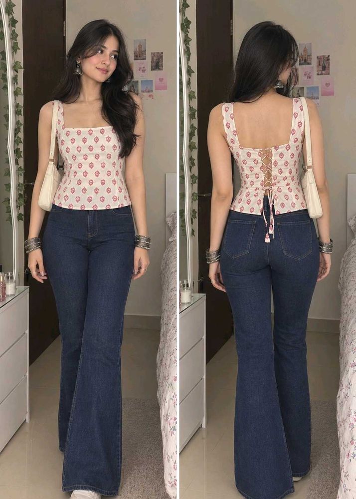 Cream Floral Printed corset Back Sleeveless Top