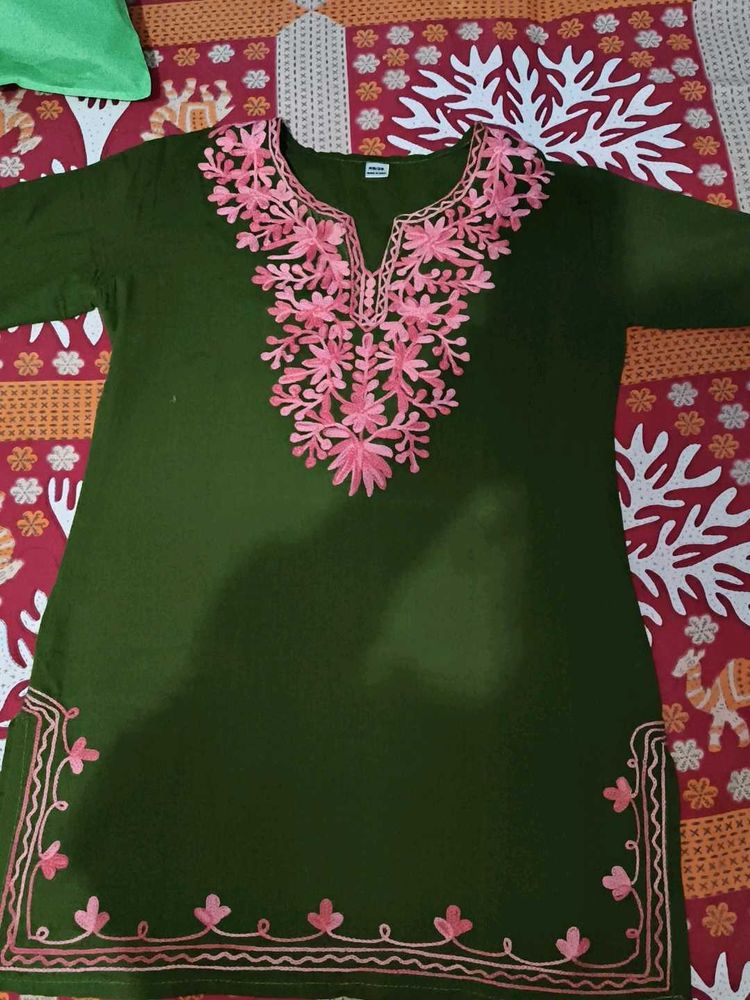 Green Kurta with Pink Embroidery