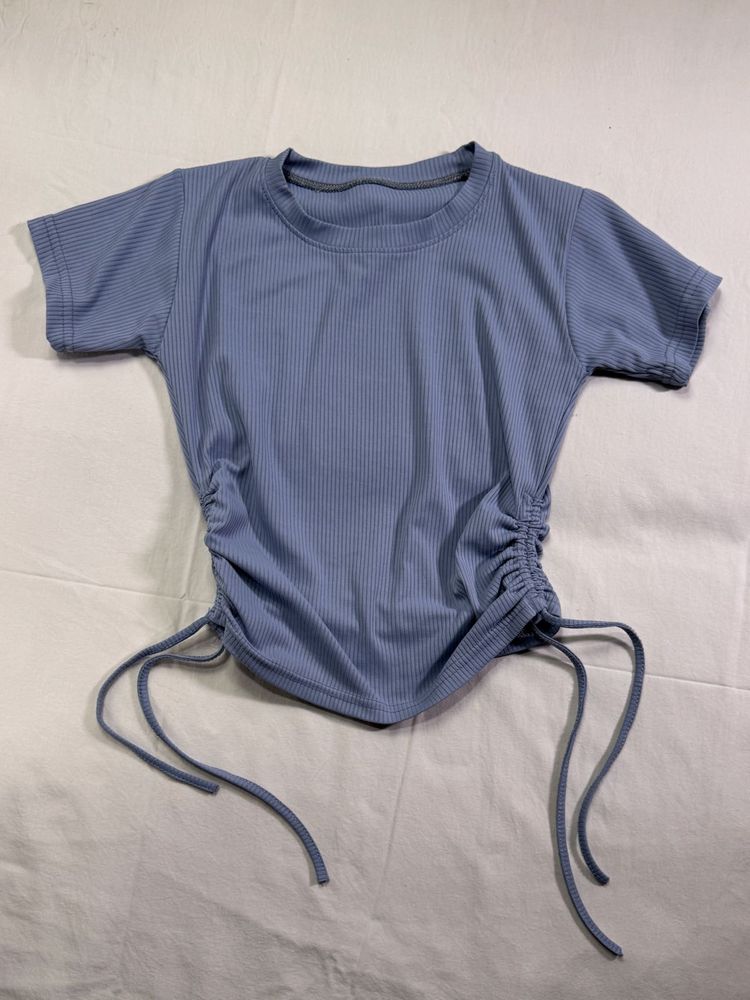 Blue Ribbed Drawstring Top