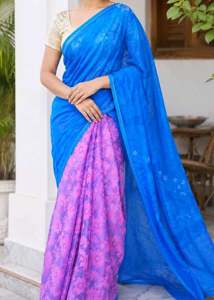 Vibrant Blue &amp; Pink Floral Saree