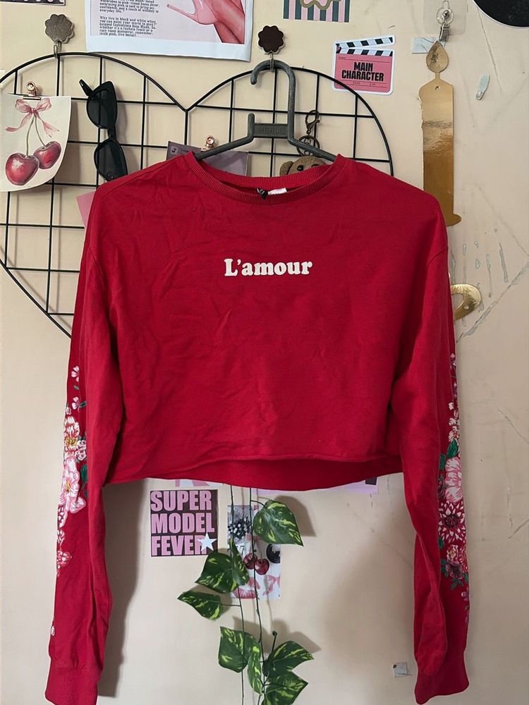 Red "L'amour" Cropped Long Sleeve Top