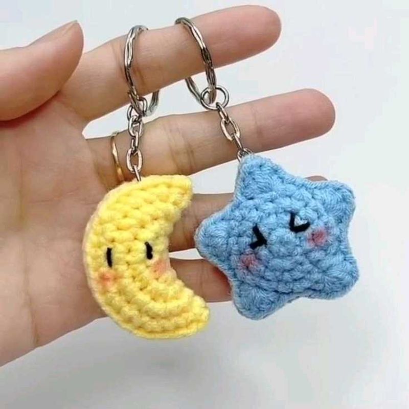 Cute Moon &amp; Star Crochet Keychain