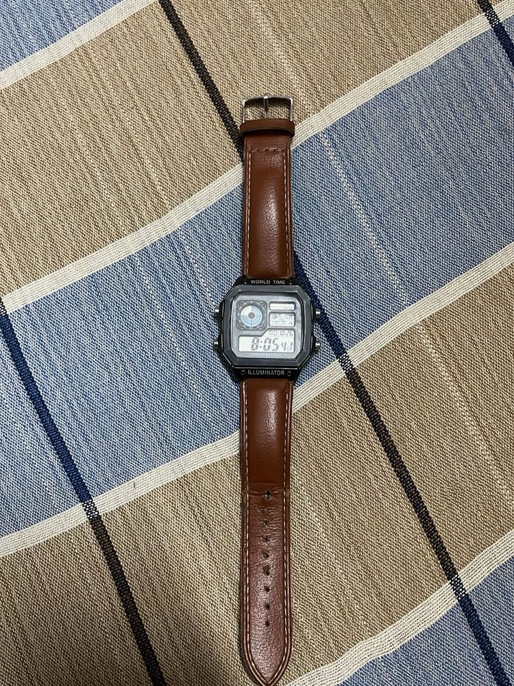 Retro Digital Watch with Leather Strap