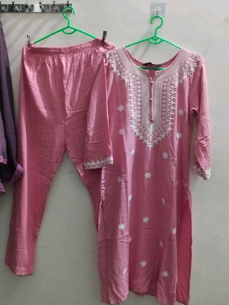 Pink Kurta Set with White Embroidery