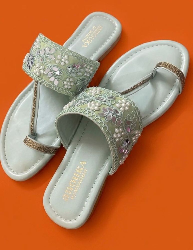 Mirror Pearl Mint Green Flat Sandals