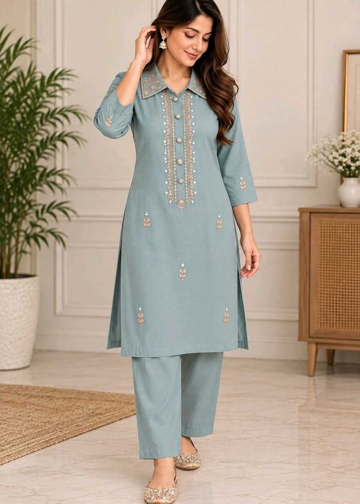 New Sage Bloom Embroidered Kurta Pant Set