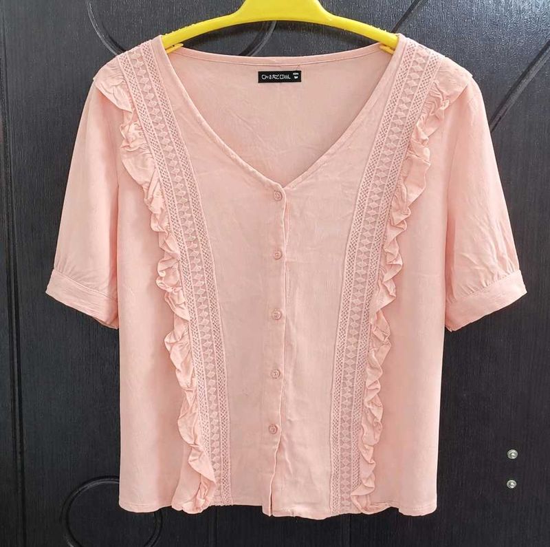Pink Ruffle V-Neck Blouse